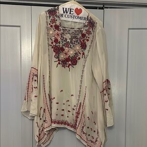 Johnny Was Cream and Red Asymmetrical Embellished Blouse